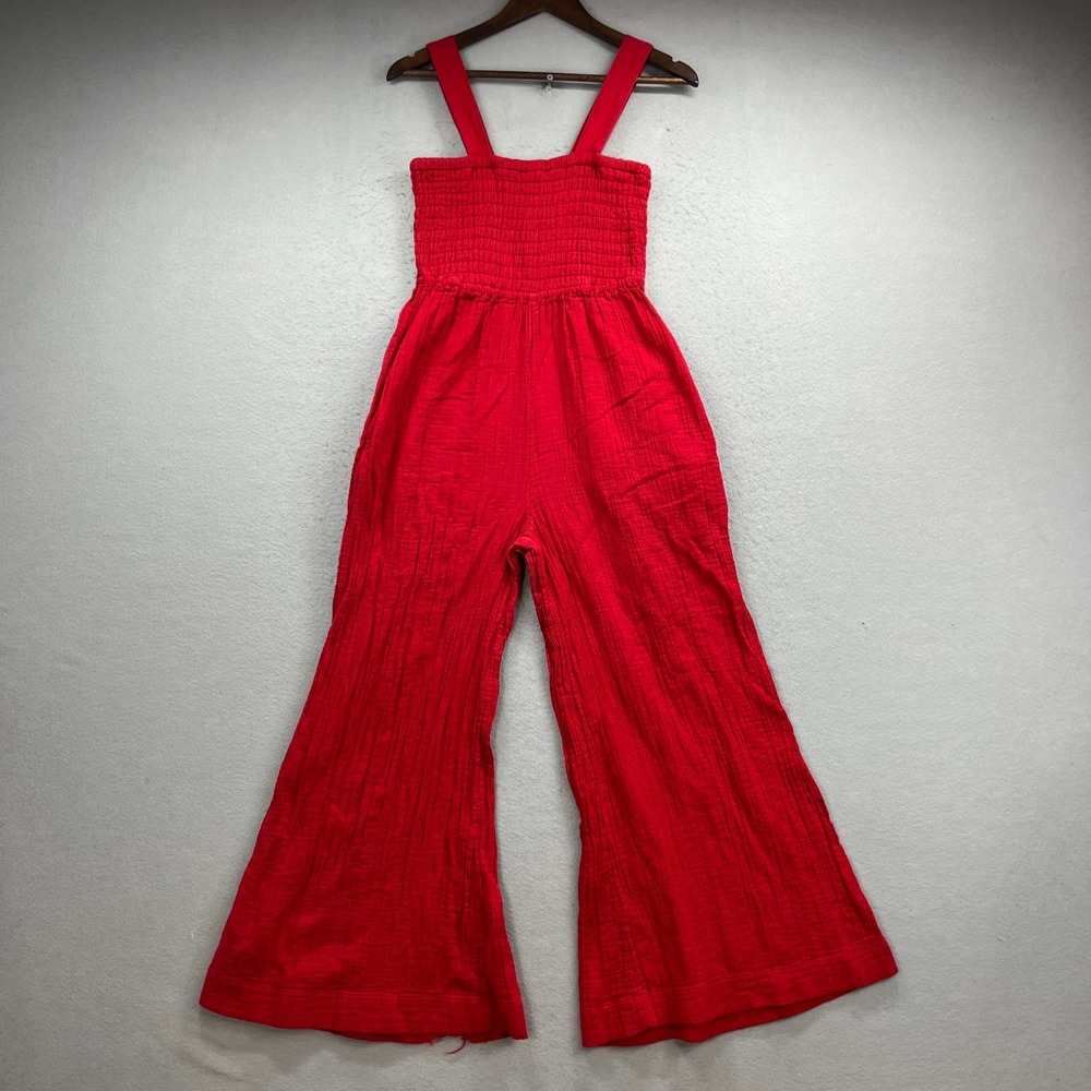 Quince Jumpsuit Womens Small Red Smocked Gauze Organic Cotton Wide Baggy Jumper